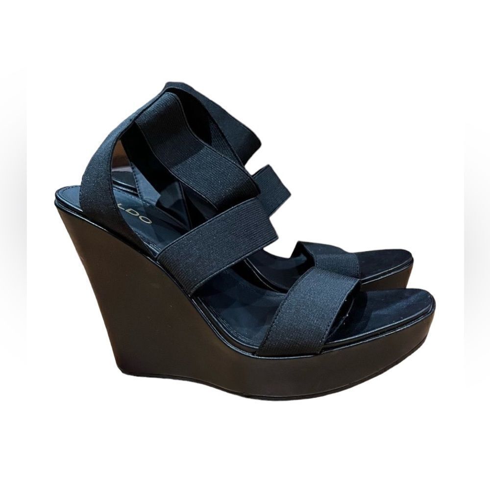 Aldo black straps wedges